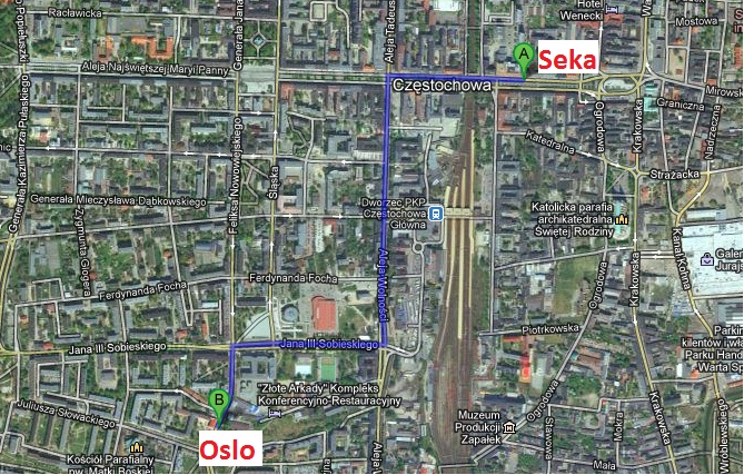 Trasa z Seki (A) z II Alei do Oslo / Browar Czenstochovia (B)